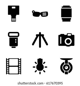Camera icons set. set of 9 camera filled icons such as movie tape