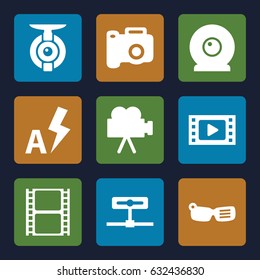 Camera icons set. set of 9 camera filled icons such as movie tape, auto flash