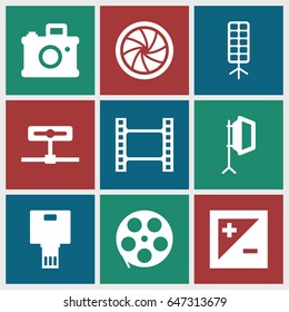 Camera icons set. set of 9 camera filled icons such as soft box, light exposure