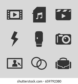 Camera icons set. set of 9 camera filled icons such as memory card with music, flash, clapper board