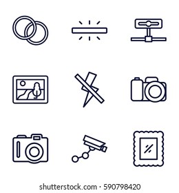 camera icons set. Set of 9 camera outline icons such as no flash, photo