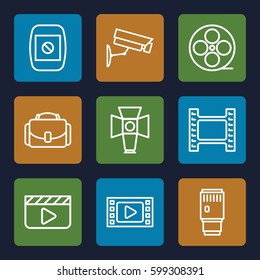 camera icons set. Set of 9 camera outline icons such as movie tape, soft box