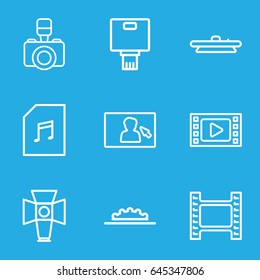 Camera icons set. set of 9 camera outline icons such as memory card with music, soft box