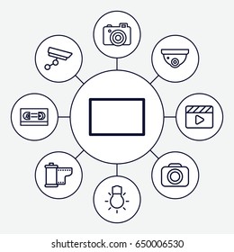 Camera icons set. set of 9 camera outline icons such as movie clapper, burst
