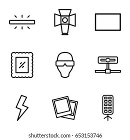 Camera icons set. set of 9 camera outline icons such as soft box, photo, burst, camera, flash