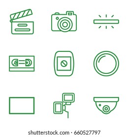 Camera icons set. set of 9 camera outline icons such as movie clapper, burst