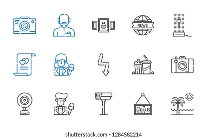 camera icons set. Collection of camera with beach, picture, cctv, news reporter, webcam, photo camera, popcorn, flash, marriage, hologram. Editable and scalable camera icons.