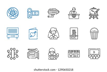 camera icons set. Collection of camera with cinema, clapperboard, news reporter, video camera, electronic, popcorn, photo bride, wedding invitation. Editable and scalable icons.