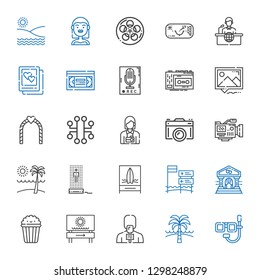 camera icons set. Collection of camera with dive, beach, news reporter, popcorn, theater, hologram, video camera, photographer, electronic. Editable and scalable icons.