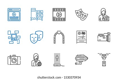 camera icons set. Collection of camera with drone, cctv, hologram, news reporter, photo camera, video beach, wedding arch, comedy. Editable and scalable icons.