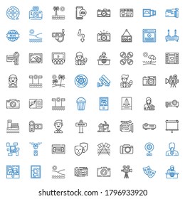 camera icons set. Collection of camera with news report, theatre, video camera, photo recorder, beach, picture, photo, news reporter. Editable and scalable icons.