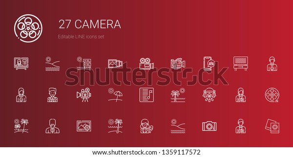 camera icons set.\
Collection of camera with photo, beach, news reporter, images,\
wedding car, playlist, groom, social media, video camera. Editable\
and scalable camera\
icons.