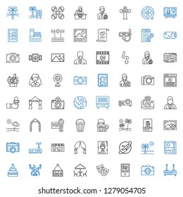 camera icons set. Collection of camera with router, domotics, theatre, picnic, picture, drone, wedding cake, photo, beach, travel, recorder. Editable and scalable camera icons.