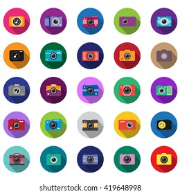 Camera Icons Set - Isolated On Mosaic Background - Vector Illustration, Graphic Design. Long Shadow