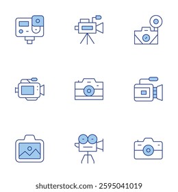 Camera icons set. Line Duotone style, editable stroke. video camera, camera, action camera, landscape.