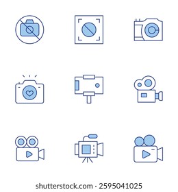 Camera icons set. Line Duotone style, editable stroke. video camera, camera, no photo, movie camera, smartphone, auto focus.