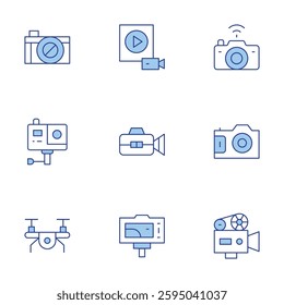 Camera icons set. Line Duotone style, editable stroke. movie camera, camera, drone, gopro, video recording, videocamera, video, photo camera.