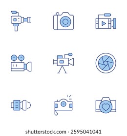 Camera icons set. Line Duotone style, editable stroke. camera, video camera, camera shutter.