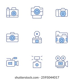 Camera icons set. Line Duotone style, editable stroke. photo, video camera, camera flash.