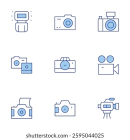 Camera icons set. Line Duotone style, editable stroke. photo, video camera, camera flash.