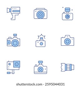 Camera icons set. Line Duotone style, editable stroke. photo camera, camera lens, super, photography, action.