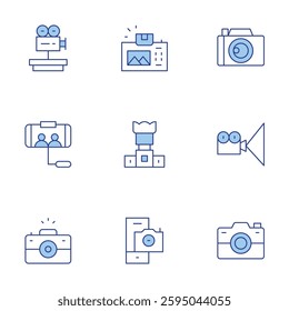 Camera icons set. Line Duotone style, editable stroke. video camera, movie camera, camera lens.