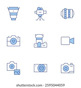 Camera icons set. Line Duotone style, editable stroke. photo, cinema camera, digital camera, camera lens, video.