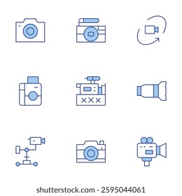 Camera icons set. Line Duotone style, editable stroke. instant camera, camera lens, degree, photo camera, video.