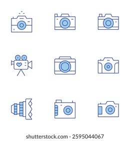 Camera icons set. Line Duotone style, editable stroke. camera lens, digital camera, photo, video.