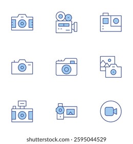 Camera icons set. Line Duotone style, editable stroke. video camera, camera, videocamera, photography, gopro, photo camera.