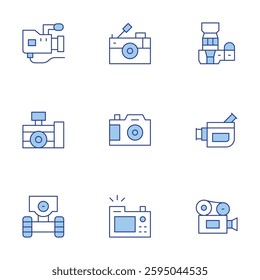 Camera icons set. Line Duotone style, editable stroke. video camera, robot, reporter, camera.