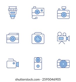 Camera icons set. Line Duotone style, editable stroke. video, photo camera, camera lens, door bell.