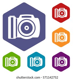 Camera icons set rhombus in different colors isolated on white background
