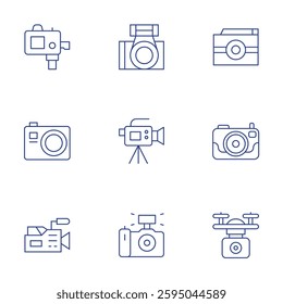 Camera icons set. Thin Line style, editable stroke. photo camera, video camera, camera drone.