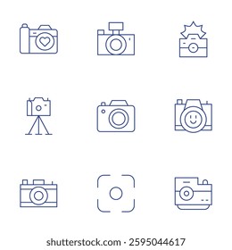 Camera icons set. Thin Line style, editable stroke. camera, camera tripod, photo camera, focus.