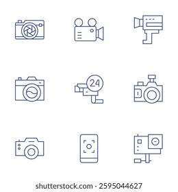 Camera icons set. Thin Line style, editable stroke. video camera, cctv, mobile phone, super, photography, action camera.