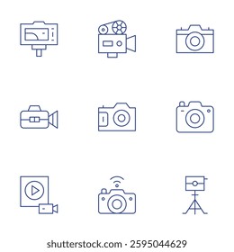 Camera icons set. Thin Line style, editable stroke. movie camera, camera tripod, camera, video recording, videocamera, video.