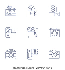 Camera icons set. Thin Line style, editable stroke. photo camera, live streaming, film, photography, camera, video camera.