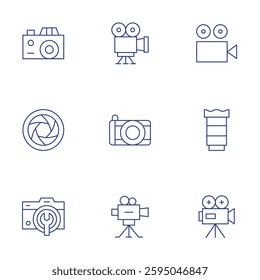 Camera icons set. Thin Line style, editable stroke. cinema camera, video, camera lens, photo, lens.