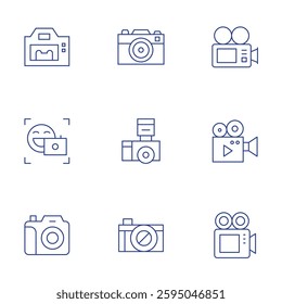 Camera icons set. Thin Line style, editable stroke. video, photo camera, front camera.