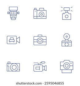 Camera icons set. Thin Line style, editable stroke. photo, video camera, flash, lens, security.