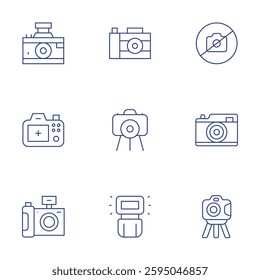 Camera icons set. Thin Line style, editable stroke. camera flash, no camera, photo.