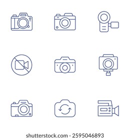 Camera icons set. Thin Line style, editable stroke. video camera, no recording, stand, photo, flip.
