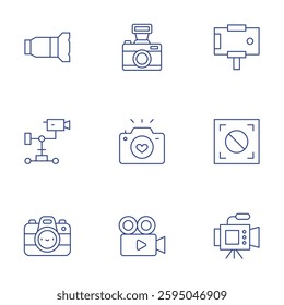 Camera icons set. Thin Line style, editable stroke. lens, photo camera, movie camera, smartphone, auto focus, video.