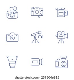 Camera icons set. Thin Line style, editable stroke. photo camera, camera lens, camera, video, crane.