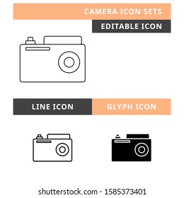 Camera icons set vector design, modern editable line and  glyph icon, black colour and isolated for icon presentation, website and banner
