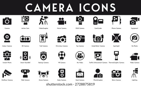 Camera Icons set vector illustration with collection of action cam movie camera camcorder equipment indoor 3D underwater thermographic outdoor camera photographer retro camera video light