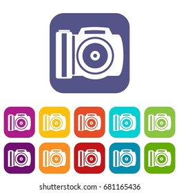 Camera icons set vector illustration in flat style in colors red, blue, green, and other