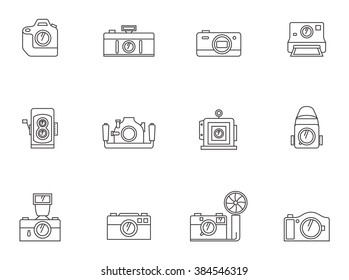 Camera icons in thin outlines. Press, mirrorless, rangefinder, digital SLR.