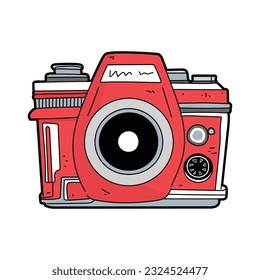 Camera illustration, hand drawn red camera doodle drawing, cartoon camera vector